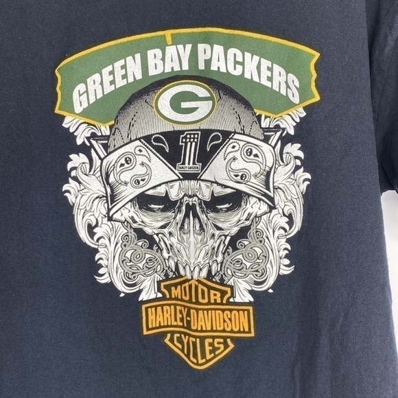 Gildan Green Bay Packers Harley Davidson Motorcycles Black Tshirt Size Large - Picture 2 of 6